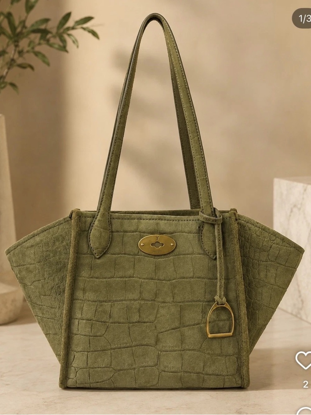 Margot New York Phoebe Olive Green Croc-Embossed Suede Tote NWT